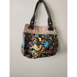 Fossil Key-Per Coated Canvas Tote Bag Floral Bird Print Multi-Color Black